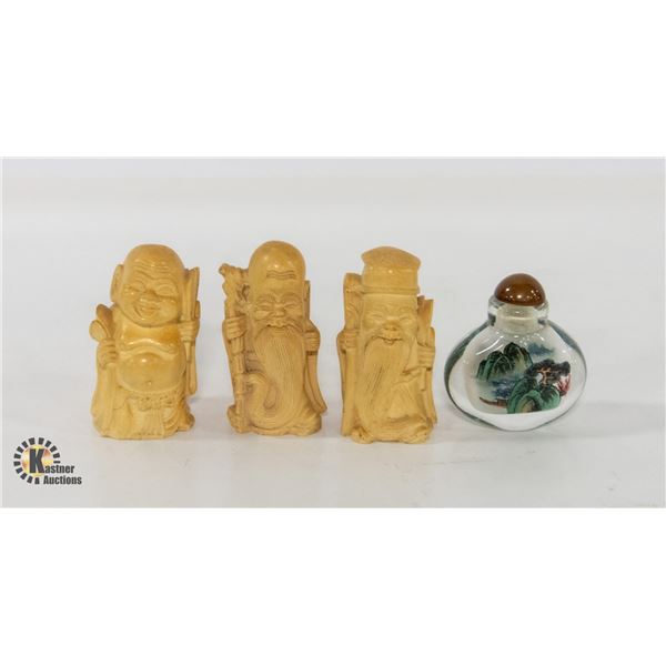 3 ASIAN CARVED FIGURES & SNUFF BOTTLE