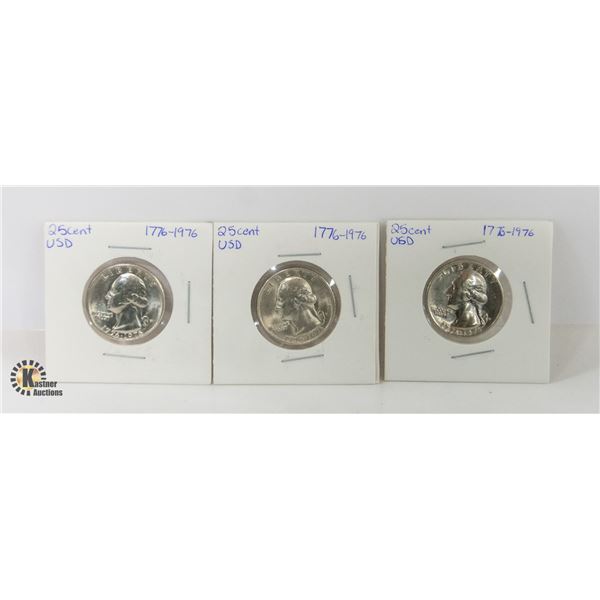 3 COINS - 1776-1976 US BICENTENNIAL QUARTERS