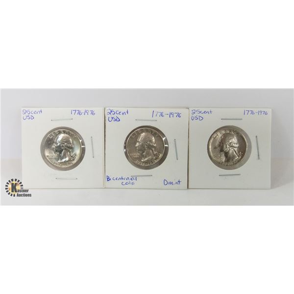 3 COINS - 1776-1976 US BICENTENNIAL QUARTERS