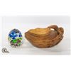 Image 1 : HAND CARVED WOOD TURTLE BOWL & ART GLASS