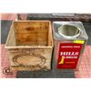 Image 1 : OLD BUTTER CRATE /W LARGE HILLS BROS COFFEE TIN