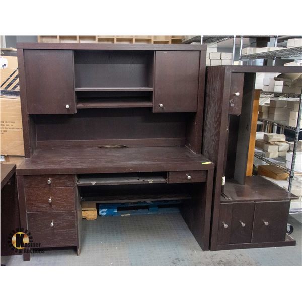 LOT OF BROWN DESKS AND HUTCHS