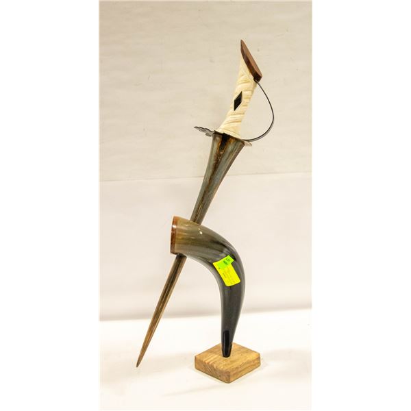 LARGE HANDMADE DISPLAY SWORD IN A BULLHORN