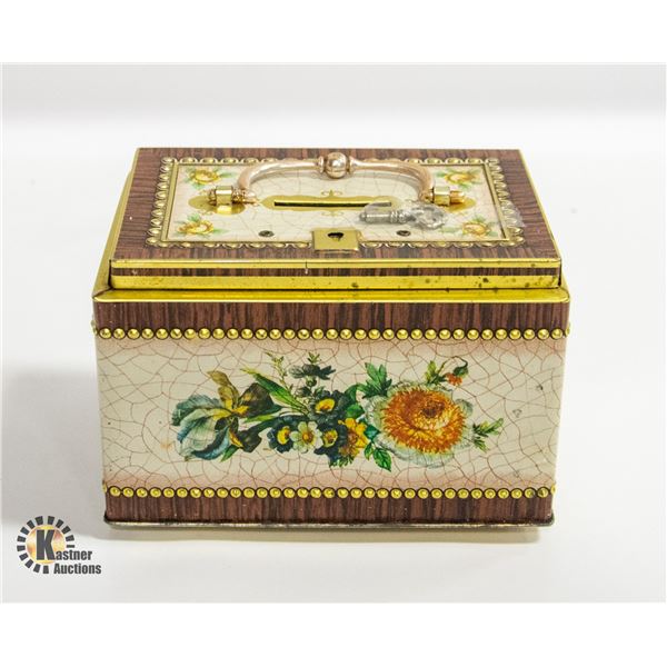 VINTAGE METAL TIN BOX LOCKING W/KEY