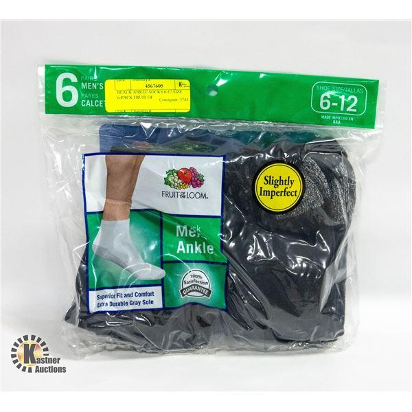 BLACK ANKLE SOCKS 6-12 SIZE 6-PACK FRUIT OF