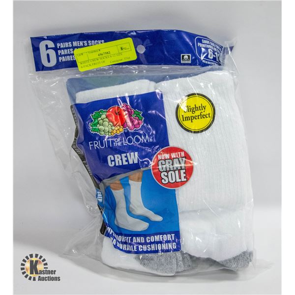 WHITE CREW SOCKS 6-12 SIZE 6-PACK FRUIT OF