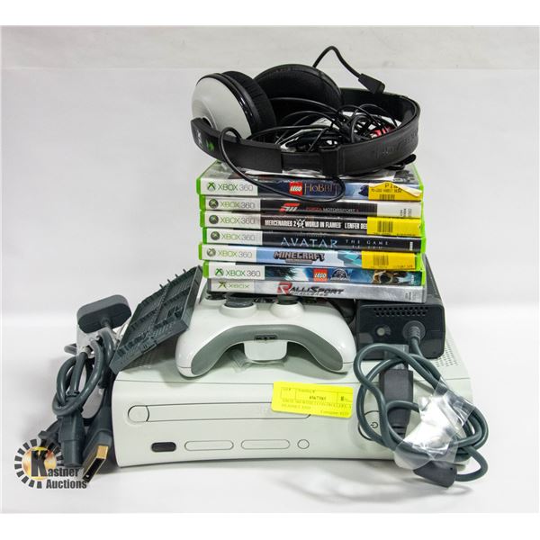 XBOX 360 WITH 2 CONTROLLERS, A HEADSET AND