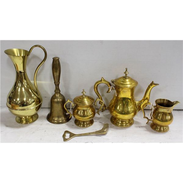 6 SMALL BRASS DECOR ITEMS: BELL, POT/JUG,