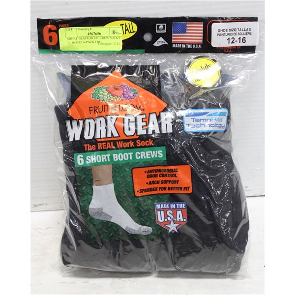 SHORT BLACK BOOT CREW SOCKS 12-16 SIZE 6-PACK FRUI