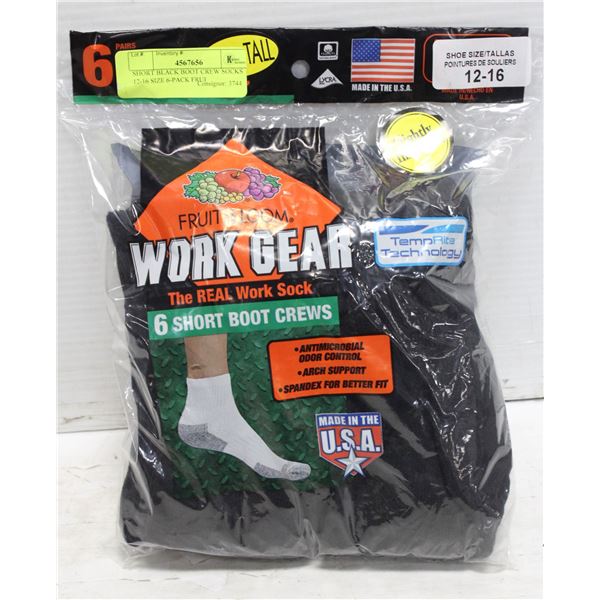SHORT BLACK BOOT CREW SOCKS 12-16 SIZE 6-PACK FRUI