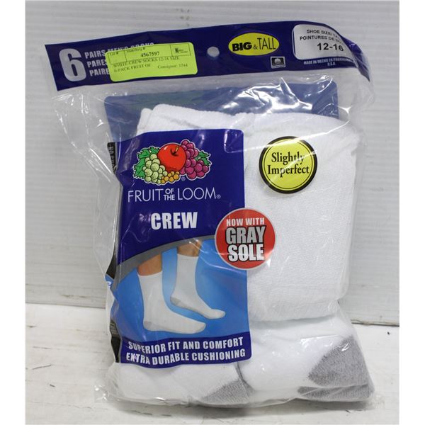 WHITE CREW SOCKS 12-16 SIZE 6-PACK FRUIT OF