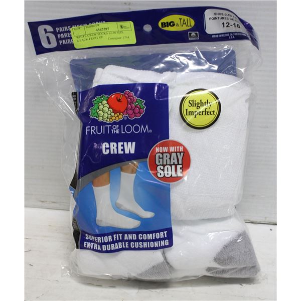 WHITE CREW SOCKS 12-16 SIZE 6-PACK FRUIT OF