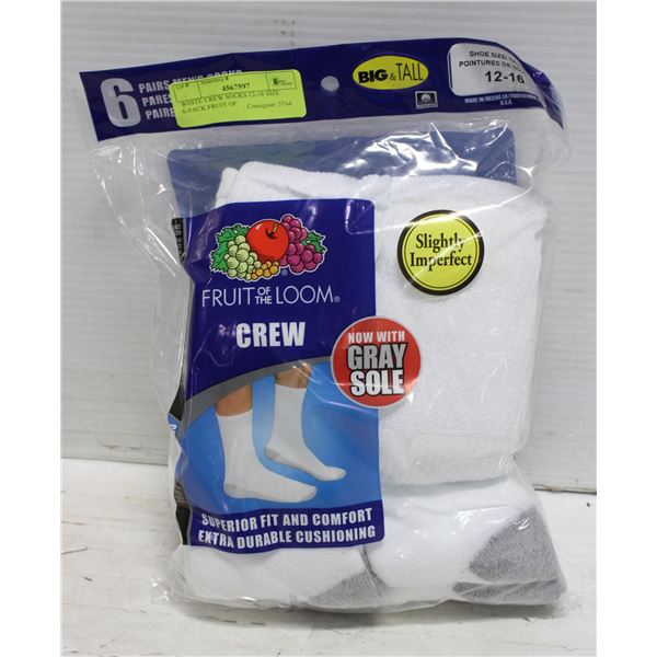 WHITE CREW SOCKS 12-16 SIZE 6-PACK FRUIT OF