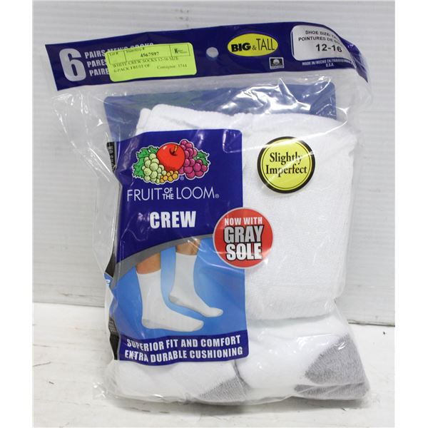 WHITE CREW SOCKS 12-16 SIZE 6-PACK FRUIT OF