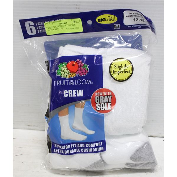 WHITE CREW SOCKS 12-16 SIZE 6-PACK FRUIT OF