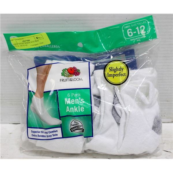 ANKLE SOCKS WHITE 6-12 SIZE 6-PACK FRUIT OF