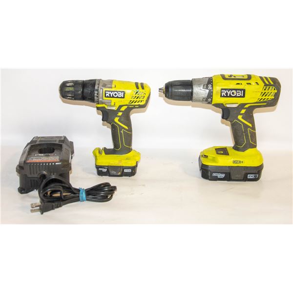2 RYOBI DRILLS WITH 2 BATTERIES AND CHARGER