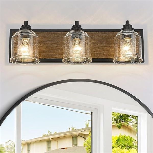 YKLITG Farmhouse Vanity Light, 3-Light Dark Wood Bathroom Vanity Light Fixtures with Seeded Glass Sh
