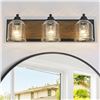 Image 1 : YKLITG Farmhouse Vanity Light, 3-Light Dark Wood Bathroom Vanity Light Fixtures with Seeded Glass Sh