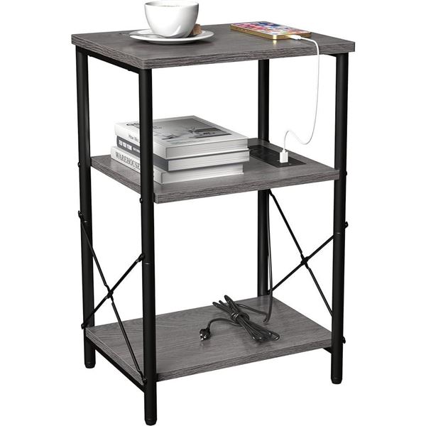Yusong Side Table with Charging Station, 3 Tier Nightstand with USB Ports & Power Outlets, Small Bed