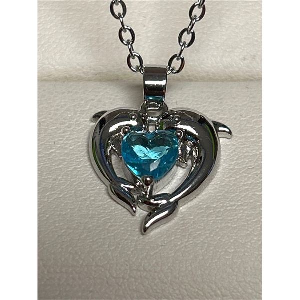 Blue Heart Solitaire Dolphin Pendant & Chain Set .925 Silver