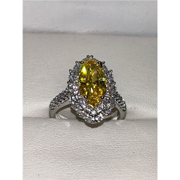 Canary Yellow Marquis Cut 1.1 Carat Solitaire & Cluster .925 Silver Ladies Ring
