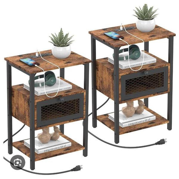 DOMYDEVM Nightstand with Charging Station, End Side Table with USB Ports and Outlets, Industrial Bed