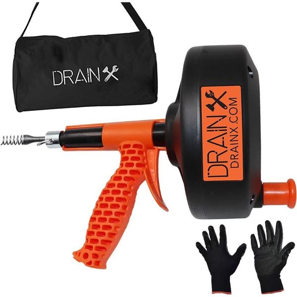 DrainX 25 FT Heavy Duty Ergonomic Load Support Drain Auger - Extra Grip Support Handle - Unclogs Hou