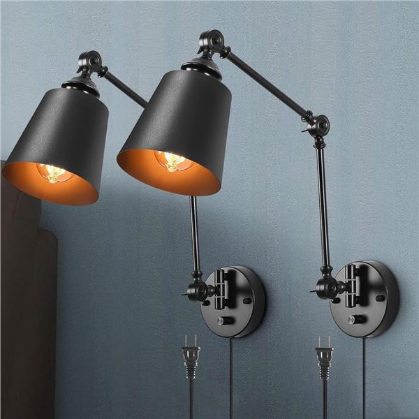 HOXIYA DIMMABLE Swing Arm Plug in Wall Lamps Set of 2, Plug-in Wall Sconce with Dimmer Switch Cord, 