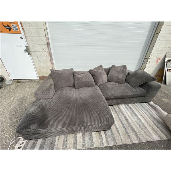 Plush Gray Cord Chaise Lounge Sofa 9' Long