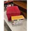 Image 1 : DRESSMAKER SEWING CENTER AND HASSOCK WITH FABRIC AND SEWING ACCESSORIES