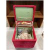 Image 2 : DRESSMAKER SEWING CENTER AND HASSOCK WITH FABRIC AND SEWING ACCESSORIES