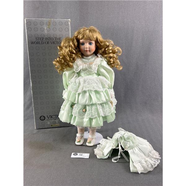 Pretty Porcelain Victorian Style Doll w/ Stand In Original Box.  Approx. 17" H