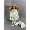 Image 1 : Pretty Porcelain Victorian Style Doll w/ Stand In Original Box.  Approx. 17" H