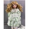 Image 2 : Pretty Porcelain Victorian Style Doll w/ Stand In Original Box.  Approx. 17" H