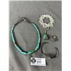 Image 1 : 3" Diam Nova Scotia Pewter Pendant, 15" Beaded Stone Necklace & Assorted Turquoise Stone Jewelry