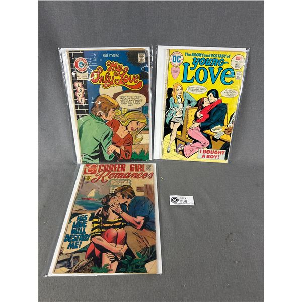 3 Assorted Vintage Romance Comic Books On Board In Bags