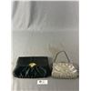 Image 1 : Gorgeous Vintage White Satin Beaded Evening Bag & Black Satin Evening Purse w/ Goldtone