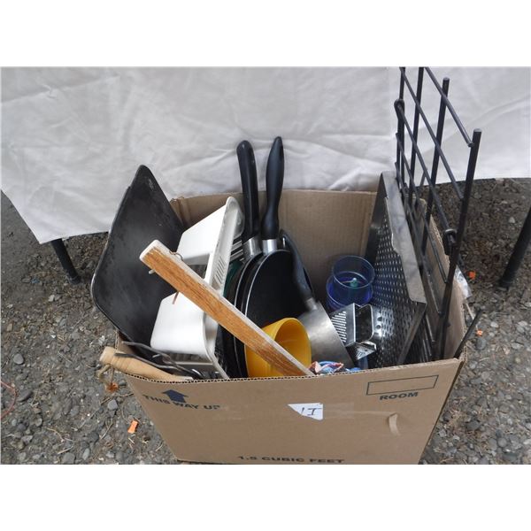 Box of Camping Items Inclduing Firepit Grills, Pots, Pans, Cooking Utensils and More