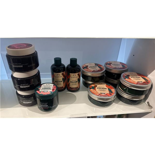 Multiple Jars Spiced Orange Body Butter, Shower Gel, Raspberry Body Scrub, Strawberry Body Yogurt