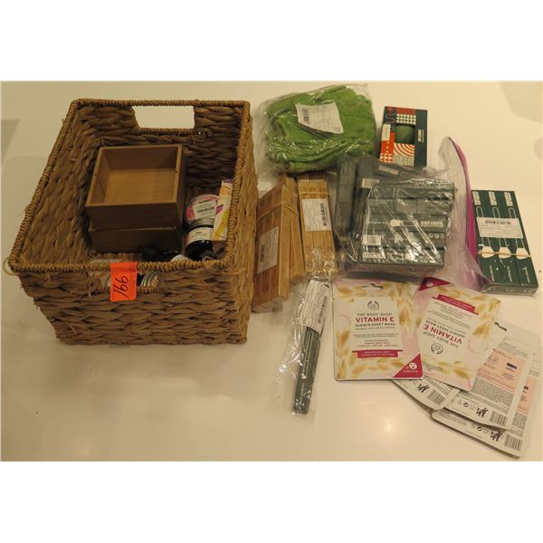 Multiple The Body Shop Items: Vitamin E Masks, Misc Brushes, Sponge Duo, etc in Woven Basket