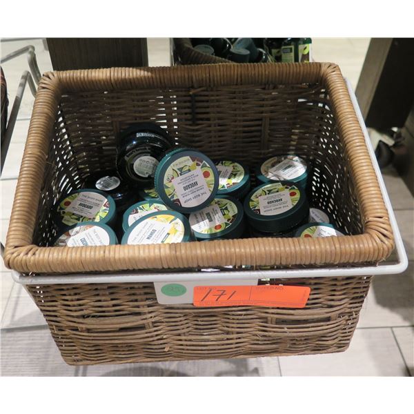 Multiple The Body Shop Items: Avocado Scrub, Coconut Exfoliant, etc in Woven Basket