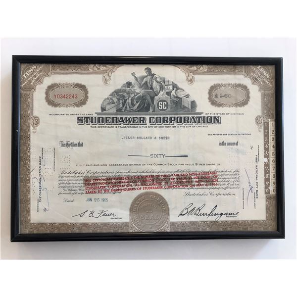 Framed Studebaker Corporation Stock Certificate