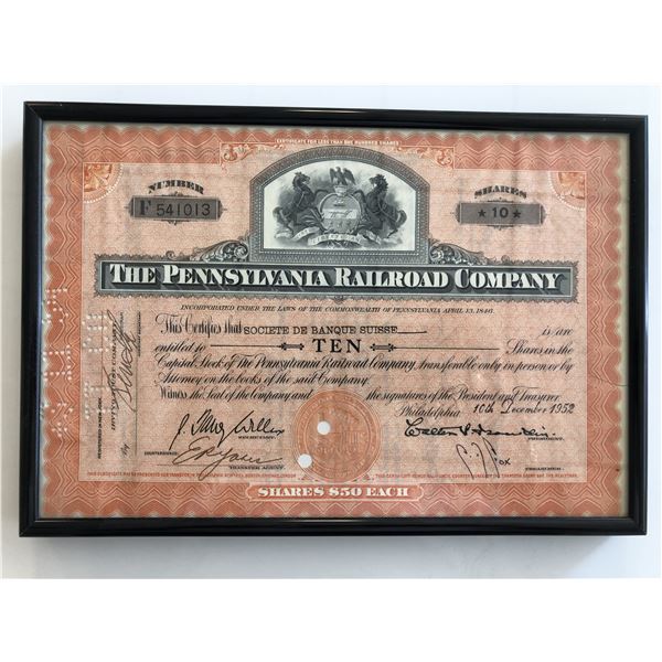 Framed The Pennsylvania Railroad Company Stock Certificate