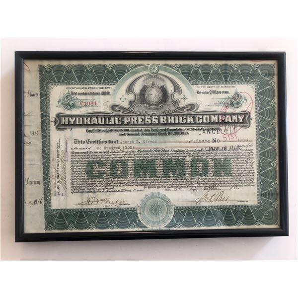 Framed Hydraulic Press Brick Company Stock Certificate