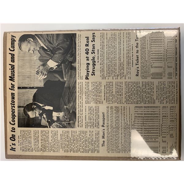 Stan Musial and Roy Campanella Hall Of Fame Announcement Newspaper Article. 1969