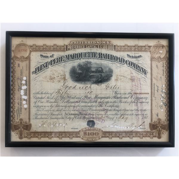 Framed The Flint and Pere Marquette Railroad Company Stock Certificate