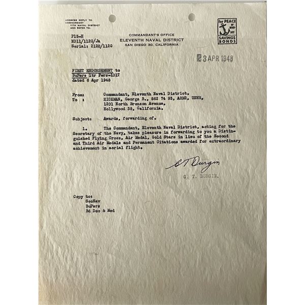 US Navy Calvin T. Durgin signed letter