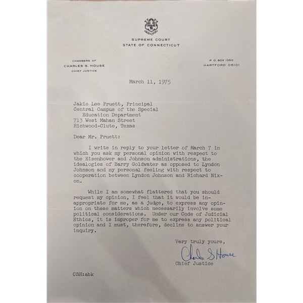 Connecticut Chief Justice Charles S. House Signed Letter