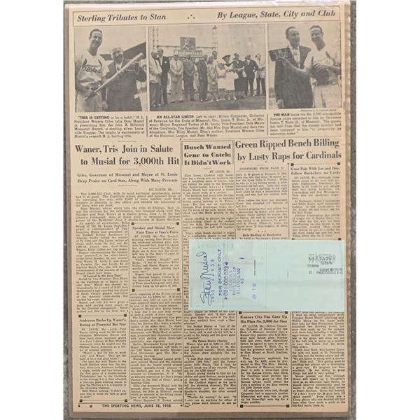 Stan Musial signed check with vintage newspaper
